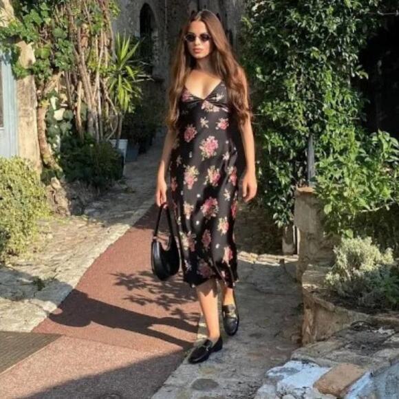 Zara Black Floral Satin Effect Midi Slip Dress with Spaghetti Straps Size Large - Picture 1 of 11